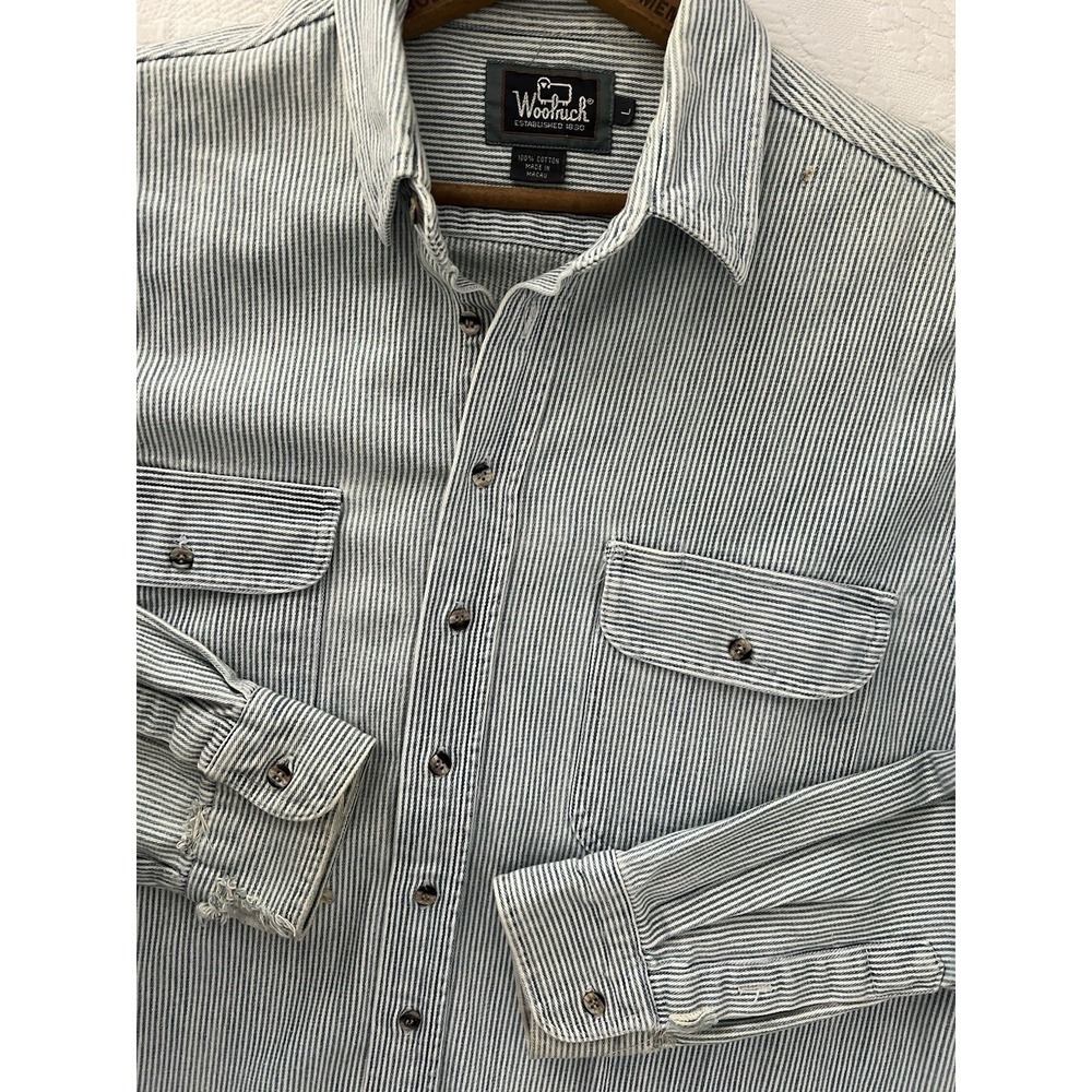 Woolrich Shirt Mens L Blue White Railroad Hickory Stripe Distressed Workwear